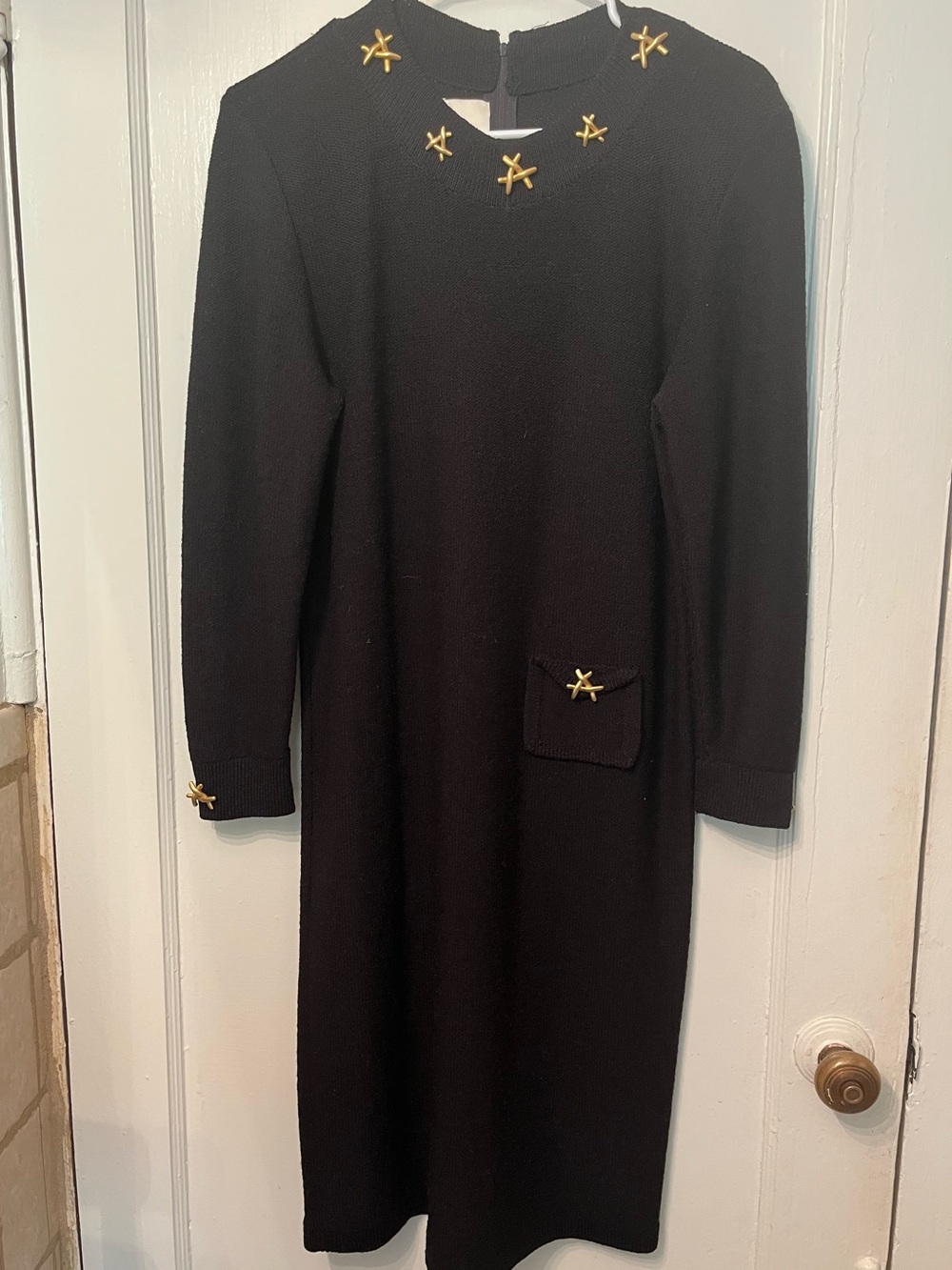 Vintage Steve Fabrikant Black Knit Dress Gold Star Embellished I. Magnin